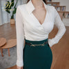 H Han Queen Skirt Suits Womens Korean OL 2 Pieces Sets Long-Sleeved Shirt Crop Top + Split Sheath Bodycon Pencil Skirt