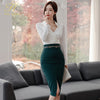 H Han Queen Skirt Suits Womens Korean OL 2 Pieces Sets Long-Sleeved Shirt Crop Top + Split Sheath Bodycon Pencil Skirt