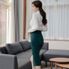 H Han Queen Skirt Suits Womens Korean OL 2 Pieces Sets Long-Sleeved Shirt Crop Top + Split Sheath Bodycon Pencil Skirt