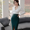 H Han Queen Skirt Suits Womens Korean OL 2 Pieces Sets Long-Sleeved Shirt Crop Top + Split Sheath Bodycon Pencil Skirt
