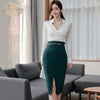 H Han Queen Skirt Suits Womens Korean OL 2 Pieces Sets Long-Sleeved Shirt Crop Top + Split Sheath Bodycon Pencil Skirt