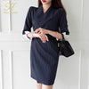 H Han Queen Womens Stripes Office Autumn Dress Patchwork Sheath Bodycon Pencil Vestidos Business Casual Dresses