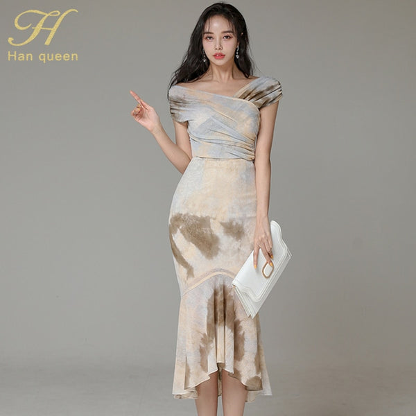 H Han Queen Irregular Mermaid 2 Pieces Set Women Summer V-Neck Shirts Blouses And High Waist Skirts Korean Chic Office Lady Suit