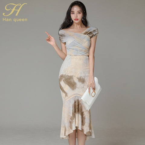 H Han Queen Irregular Mermaid 2 Pieces Set Women Summer V-Neck Shirts Blouses And High Waist Skirts Korean Chic Office Lady Suit