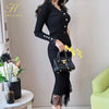 H Han Queen Korean 2 Pieces Set Women's Knitted Bottoming Vestidos Stitching Lace Black Single-breasted Mermaid Lady Skirt Suit