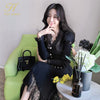 H Han Queen Korean 2 Pieces Set Women's Knitted Bottoming Vestidos Stitching Lace Black Single-breasted Mermaid Lady Skirt Suit