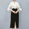 H Han Queen 2 Pieces Set Simple V-neck Lantern Sleeve Stripes Blouses + High Waist Single-breasted Pencil Skirts Lady Suit