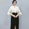 H Han Queen 2 Pieces Set Simple V-neck Lantern Sleeve Stripes Blouses + High Waist Single-breasted Pencil Skirts Lady Suit