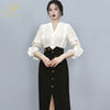 H Han Queen 2 Pieces Set Simple V-neck Lantern Sleeve Stripes Blouses + High Waist Single-breasted Pencil Skirts Lady Suit