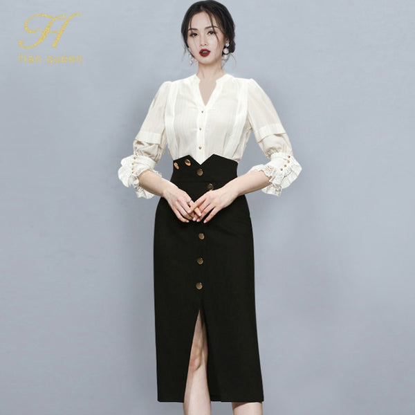 H Han Queen 2 Pieces Set Simple V-neck Lantern Sleeve Stripes Blouses + High Waist Single-breasted Pencil Skirts Lady Suit
