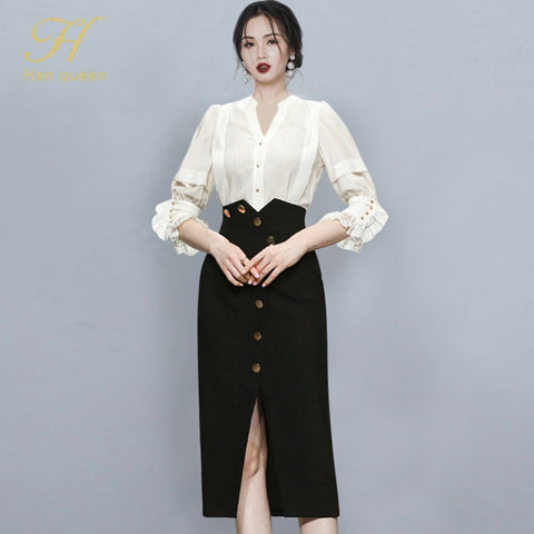 H Han Queen 2 Pieces Set Simple V-neck Lantern Sleeve Stripes Blouses + High Waist Single-breasted Pencil Skirts Lady Suit