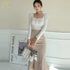 H Han Queen 2 Pieces Set Women Autumn Knitted Zipper Top And High Waist Bodycon Mermaid Skirts Korean Chic Office Lady Suit