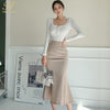 H Han Queen 2 Pieces Set Women Autumn Knitted Zipper Top And High Waist Bodycon Mermaid Skirts Korean Chic Office Lady Suit