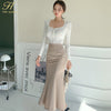 H Han Queen 2 Pieces Set Women Autumn Knitted Zipper Top And High Waist Bodycon Mermaid Skirts Korean Chic Office Lady Suit