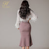 H Han Queen 2 Pieces Set Women Hollow out Tulle Blouses And High Waist Ruffles Fishtail Skirts Korean Chic Office Lady Suit