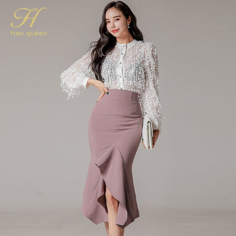 H Han Queen 2 Pieces Set Women Hollow out Tulle Blouses And High Waist Ruffles Fishtail Skirts Korean Chic Office Lady Suit