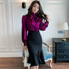 H Han Queen 2 Pieces Set Women Lace-Up Bow Satin Shirts Blouses And High Waist Mermaid Skirts Korean Chic Office Lady Suit