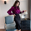 H Han Queen 2 Pieces Set Women Lace-Up Bow Satin Shirts Blouses And High Waist Mermaid Skirts Korean Chic Office Lady Suit