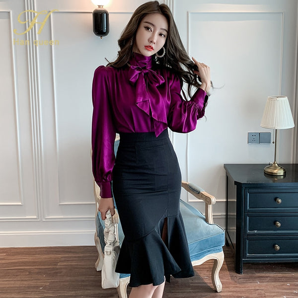 H Han Queen 2 Pieces Set Women Lace-Up Bow Satin Shirts Blouses And High Waist Mermaid Skirts Korean Chic Office Lady Suit