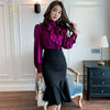 H Han Queen 2 Pieces Set Women Lace-Up Bow Satin Shirts Blouses And High Waist Mermaid Skirts Korean Chic Office Lady Suit