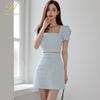 H Han Queen 2 Pieces Set Women Plaid Puff Sleeve Blouses And High Waist Bodycon Pencil Skirts Korean Chic Office Lady Suit