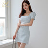 H Han Queen 2 Pieces Set Women Plaid Puff Sleeve Blouses And High Waist Bodycon Pencil Skirts Korean Chic Office Lady Suit