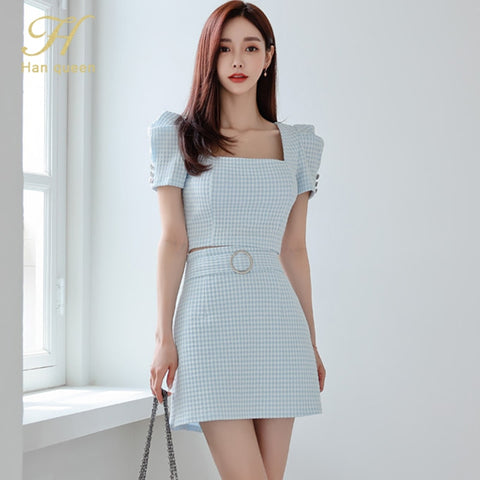 H Han Queen 2 Pieces Set Women Plaid Puff Sleeve Blouses And High Waist Bodycon Pencil Skirts Korean Chic Office Lady Suit