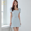 H Han Queen 2 Pieces Set Women Plaid Puff Sleeve Blouses And High Waist Bodycon Pencil Skirts Korean Chic Office Lady Suit