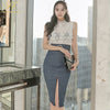H Han Queen 2 Pieces Set Women Summer White Lace Shirts Blouses And High Waist Bodycon Pencil Skirts Korean Office Lady Suit