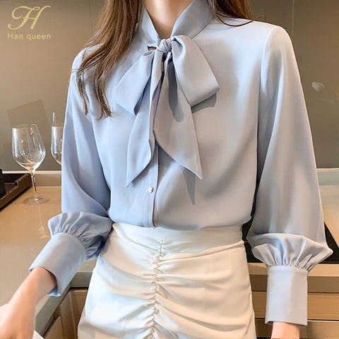 H Han Queen  Shirt Womens Blouse Vintage Work Casual Tops Chiffon Blouse Bow Elegant Loose Women Business Shirts 2023