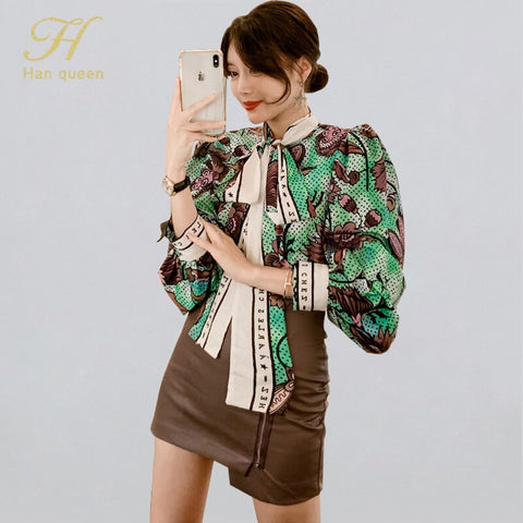 H Han Queen Elegant OL Work Wear 2 Pieces Set Women Bow Print Blouses & High Waist Zip Sheath Pencil Bodycon Skirt Casual