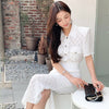 H Han Queen Lace 2 Pieces Set Women Summer White Shirts Blouses And Split Sheath Bodycon Skirts Korean Chic Office Lady Suit