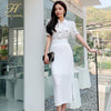 H Han Queen Lace 2 Pieces Set Women Summer White Shirts Blouses And Split Sheath Bodycon Skirts Korean Chic Office Lady Suit