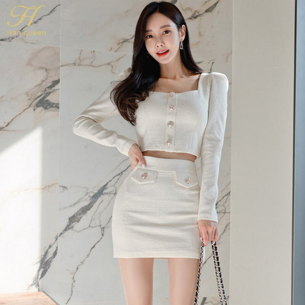 H Han Queen Spring Korean 2 Pieces Set Women's White Crop Top + Bodycon Pencil Skirts Casual Simple Office Lady Skirt Suit