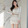 H Han Queen Spring Korean 2 Pieces Set Women's White Crop Top + Bodycon Pencil Skirts Casual Simple Office Lady Skirt Suit