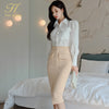 H Han Queen Spring Office Lady 2 Pieces Set Elegant White Blouses & Split Sheath Pencil Skirt Korean Simple Skirt Suit Women