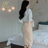 H Han Queen Spring Office Lady 2 Pieces Set Elegant White Blouses & Split Sheath Pencil Skirt Korean Simple Skirt Suit Women