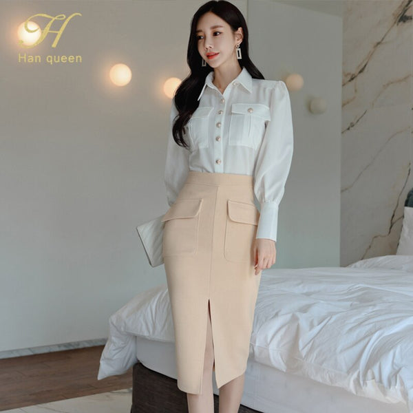 H Han Queen Spring Office Lady 2 Pieces Set Elegant White Blouses & Split Sheath Pencil Skirt Korean Simple Skirt Suit Women