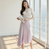 H Han Queen OL 2 Pieces Set Women Summer Lace Stitching V-Neck Blouses And Bodycon Mermaid Skirts Korean Chic Office Lady Suit