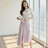 H Han Queen OL 2 Pieces Set Women Summer Lace Stitching V-Neck Blouses And Bodycon Mermaid Skirts Korean Chic Office Lady Suit