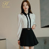 H Han Queen OL Work Wear 2 Pieces Set Women Bow Tie Chiffon Blouses & High Waist Slim A-line Skirt Simple Occupation Skirt Suit