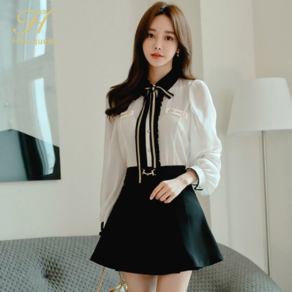 H Han Queen OL Work Wear 2 Pieces Set Women Bow Tie Chiffon Blouses & High Waist Slim A-line Skirt Simple Occupation Skirt Suit