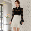H Han Queen Spring Women 2 Pieces Set Black Hollow out Lace Top + Ruffled Pleated Skirts Office Elegant Simple  Lady Skirt Suit