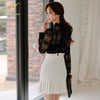 H Han Queen Spring Women 2 Pieces Set Black Hollow out Lace Top + Ruffled Pleated Skirts Office Elegant Simple  Lady Skirt Suit