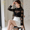 H Han Queen Spring Women 2 Pieces Set Black Hollow out Lace Top + Ruffled Pleated Skirts Office Elegant Simple  Lady Skirt Suit