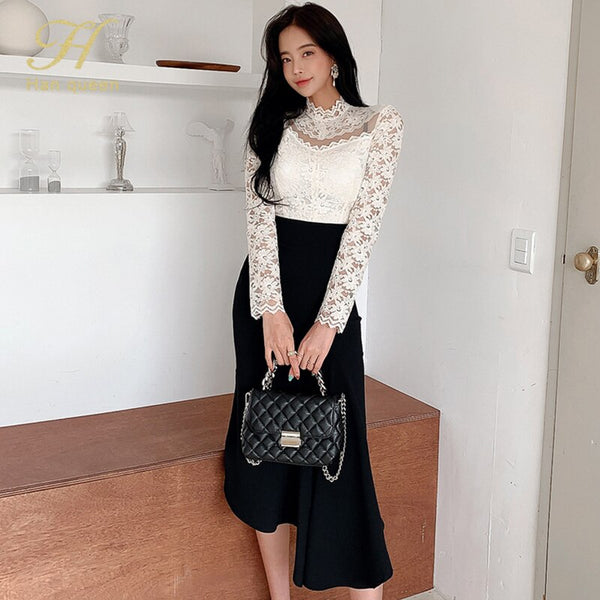 H Han Queen Spring Women's Work 2 Pieces Set Hollow Out Lace Blouses & High Waist Ruffles Pencil Skirt Korean Simple Skirt Suit