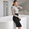 H Han Queen Spring Womens OL 2 Pieces Suits Dot Short Crop Top + High Waist Mid Sheath Bodycon Pencil Skirt Work Set
