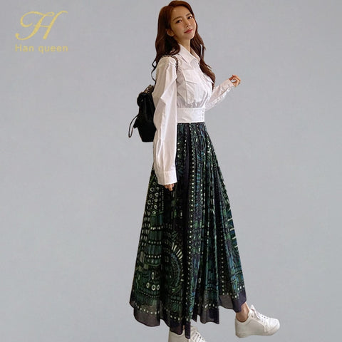 H Han Queen Summer Work 2 Pieces Set Women White Single-breasted Blouses & Vintage High Waist Print Skirt Casual Street Sets