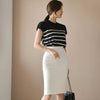 H Han Queen Summer Work 2 Pieces Set Womens Stripe Short Sleeve Blouses & Sheath Pencil Bodycon Skirt Elegant Casual Skirt Suit