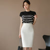 H Han Queen Summer Work 2 Pieces Set Womens Stripe Short Sleeve Blouses & Sheath Pencil Bodycon Skirt Elegant Casual Skirt Suit